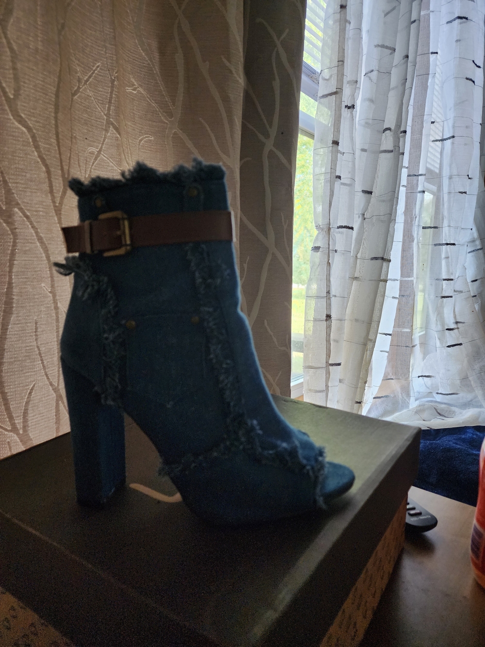 Forever 21 Frayed Denim Open-Toe Ankle Boot with Brown Buckle